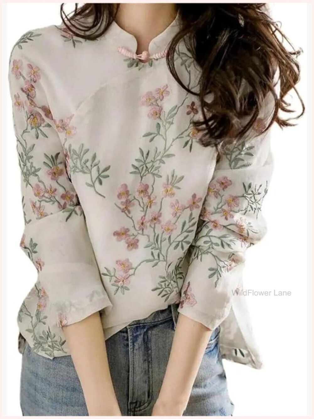 Chinese Style Cheongsam Blouse Long Sleeve Button Down Tunic Top